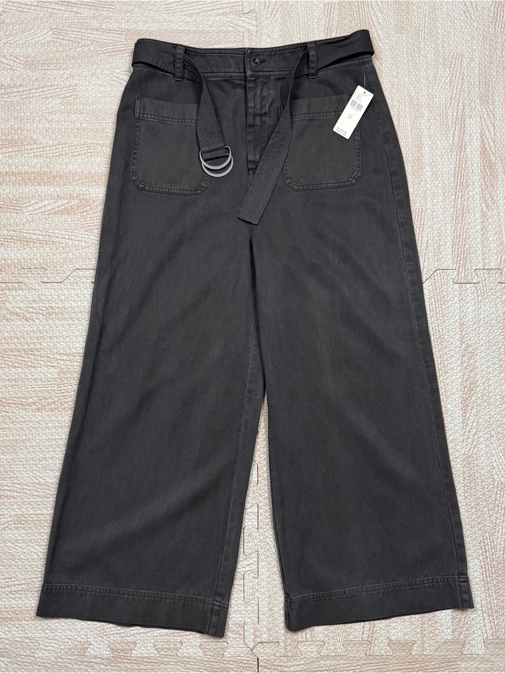 NWT Anthropologie Cloth & Stone Cropped Wide Leg Ribbon Hoop Belt Gray Pants 28